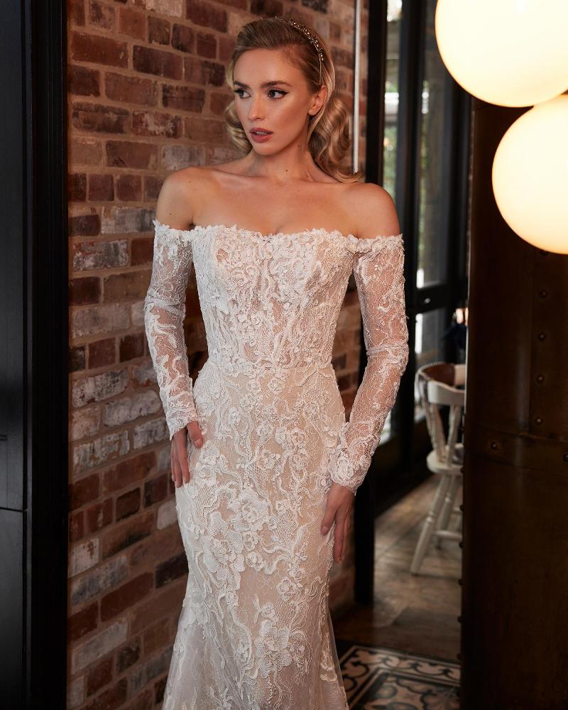 La22245 off the shoulder long sleeve lace wedding dress with sheath silhouette3